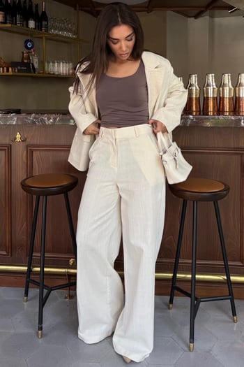 Ekru Yüksek Bel Keten Wide Leg Pantolon MG2718