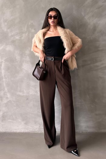 Kahverengi Çift Pileli Kemerli Pantolon Mg2330