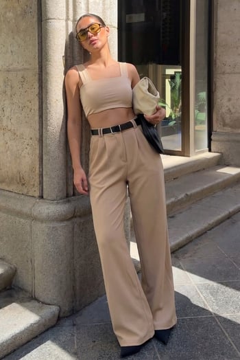  Bej Çift Pileli Kemerli Pantolon Mg2330