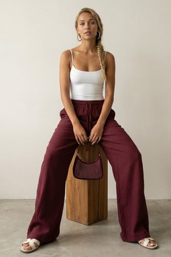 Bordo Bol Paça Müslin Kadın Pantolon MG1980