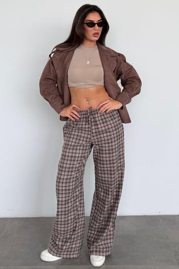 Kahverengi Lastikli Bel Geniş Paça Ekose Pantolon MG2658