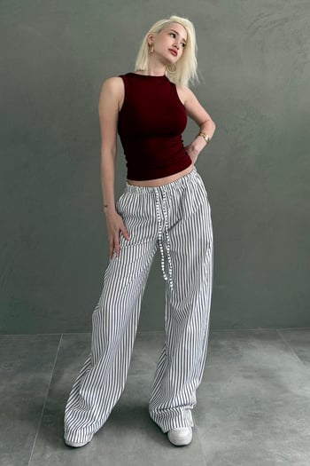 Beyaz Beli Ayarlanabilir Çizgili Cepli Bol Paça Kadın Pantolon Mg2312