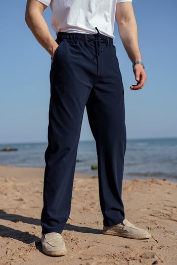 Lacivert Beli Lastikli Relaxed Fit Jakarlı Erkek Pantolon E6593