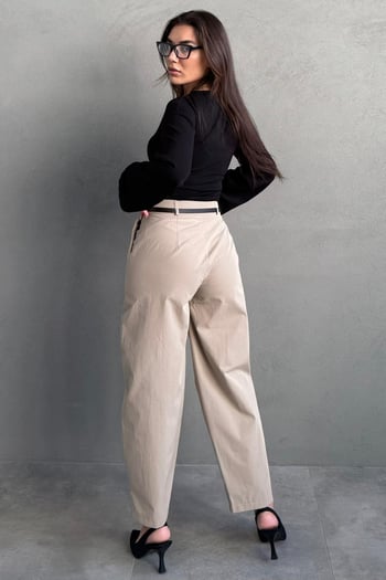 Haki Modern Kesim Kemerli Yüksek Bel Bol Paça Kumaş Pantolon MG2618