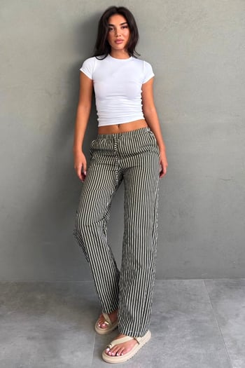 Haki Beli Ayarlanabilir Çizgili Cepli Bol Paça Kadın Pantolon Mg2312