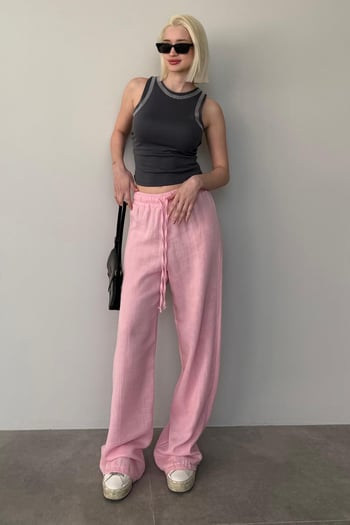 Pembe  Bol Paça Müslin Kadın Pantolon MG1980