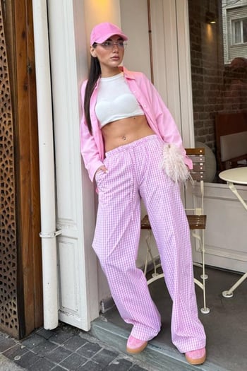 Pembe Beli Ayarlanabilir Ekoseli Bol Paça Kadın Pantolon Mg2335