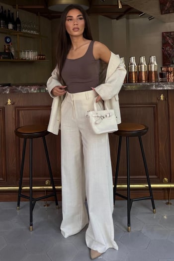 Ekru Yüksek Bel Keten Wide Leg Pantolon MG2718