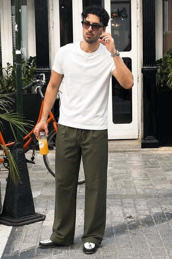 Haki Bol Paça Beli Bağlamalı Erkek Pantolon E7403