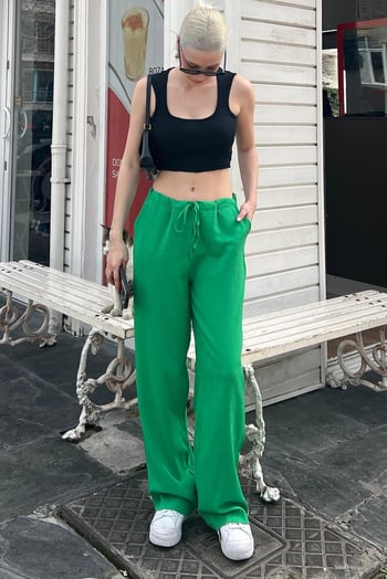 Yeşil Krinkıl Kumaş Basic Kadın Plaj Pantolon MG1778