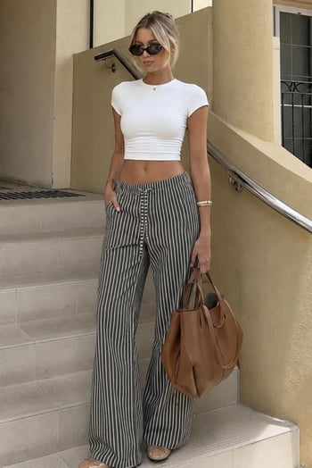 Haki Beli Ayarlanabilir Çizgili Cepli Bol Paça Kadın Pantolon Mg2312