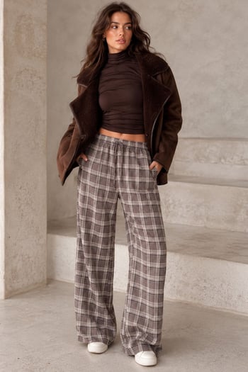 Acı Kahverengi Lastikli Bel Geniş Paça Ekose Pantolon MG2658