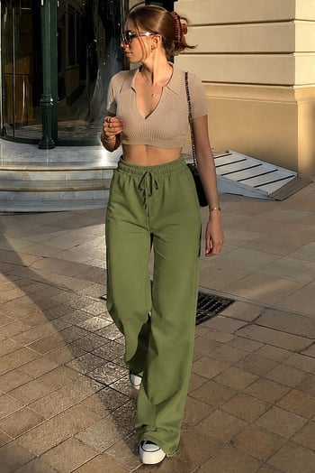 Koyu Yeşil Beli Büzgülü Bol Paça Kadın Pantolon MG2011