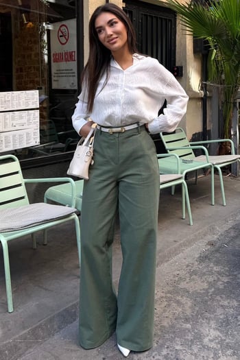 Haki Yüksek Bel Keten Wide Leg Pantolon MG2718