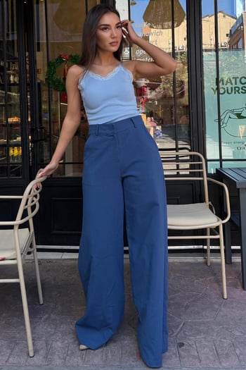 İndigo Yüksek Bel Keten Wide Leg Pantolon MG2718