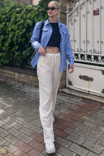 Beyaz Krinkıl Kumaş Basic Plaj Pantolon MG1778