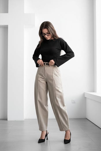 Haki Modern Kesim Kemerli Yüksek Bel Bol Paça Kumaş Pantolon MG2618