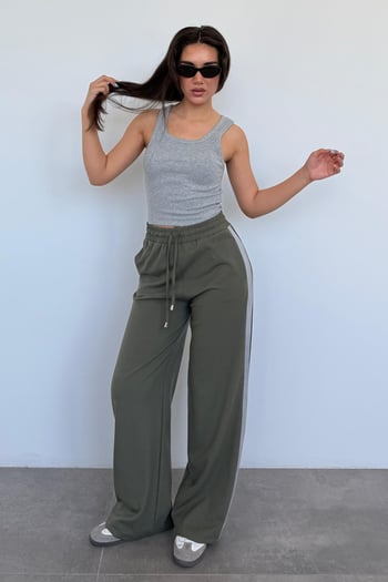 Haki Şerit Detaylı Bol Paça Kadın Eşofman MG2441 