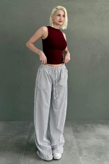 Beyaz Beli Ayarlanabilir Çizgili Cepli Bol Paça Kadın Pantolon Mg2312
