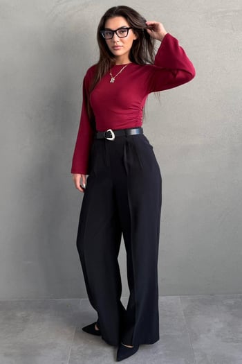 Siyah Modern Kesim Kemerli Yüksek Bel Bol Paça Kumaş Pantolon MG2618