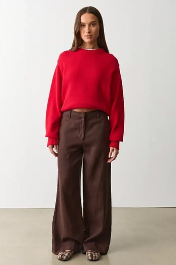 Kahverengi Yüksek Bel Keten Wide Leg Pantolon MG2718