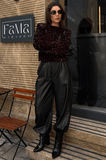 Siyah Lastikli Bel Kadın Deri Balon Pantolon MG2701