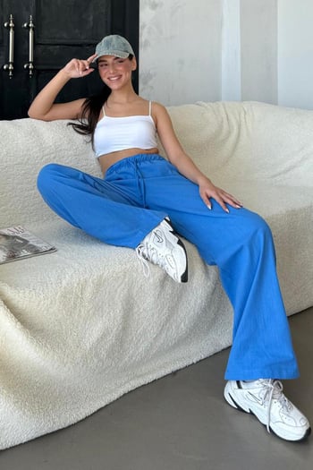 Saks Beli Büzgülü Wide Leg Kumaş Pantolon MG1950