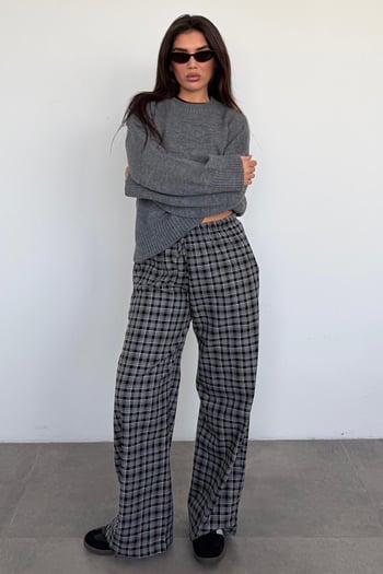 Gri Lastikli Bel Geniş Paça Ekose Pantolon MG2658