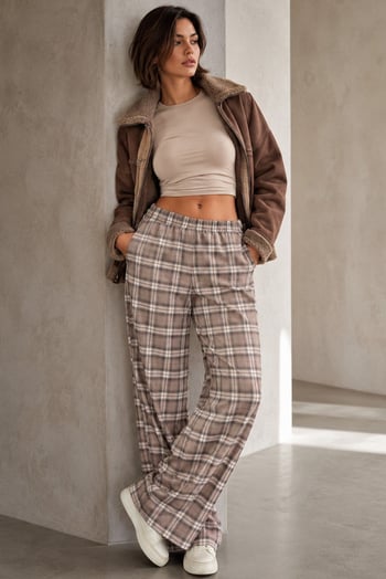 Bej Lastikli Bel Geniş Paça Ekose Pantolon MG2658