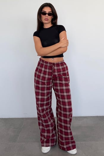 Bordo Lastikli Bel Geniş Paça Ekose Pantolon MG2658