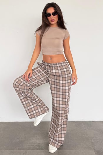 Bej Lastikli Bel Geniş Paça Ekose Pantolon MG2658