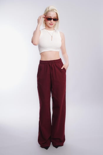 Bordo Beli Büzgülü Bol Paça Kadın Pantolon MG2011
