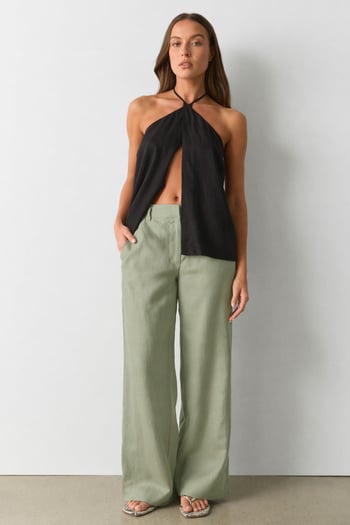 Çağla Yeşili Yüksek Bel Keten Wide Leg Pantolon MG2718