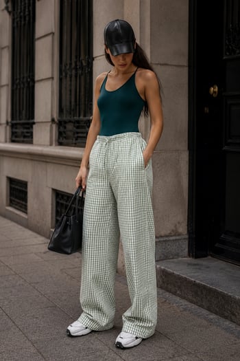 Açık Yeşil Beli Ayarlanabilir Ekoseli Bol Paça Kadın Pantolon Mg2335