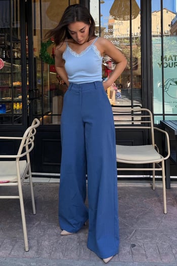 İndigo Yüksek Bel Keten Wide Leg Pantolon MG2718