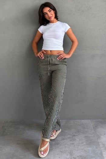 Haki Beli Ayarlanabilir Çizgili Cepli Bol Paça Kadın Pantolon Mg2312