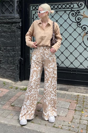 Bej Desenli Beli Lastikli Bol Paça Pantolon MG2076