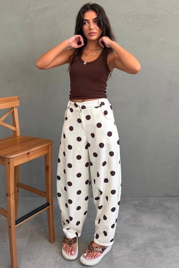 Ekru Puantiyeli Beli Lastikli Balon Kadın Pantolon MG2886