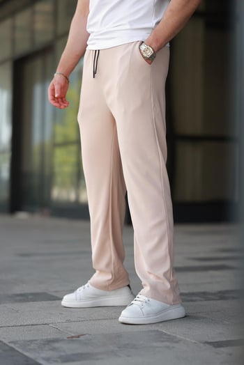 Bej Beli Ayarlanabilir Cep Detaylı Bol Pantolon 6545