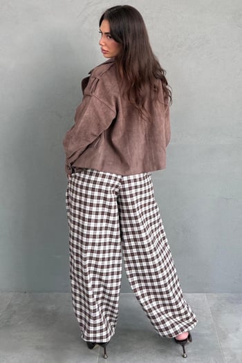 Kahverengi Ekose Desenli Beli Lastikli Balon Pantolon MG2905