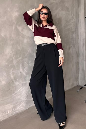 Siyah Çift Pileli Kemerli Pantolon Mg2330