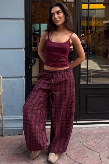 Bordo Ekose Desenli Yüksek Bel Balon Fit Kadın Pantolon MG2726
