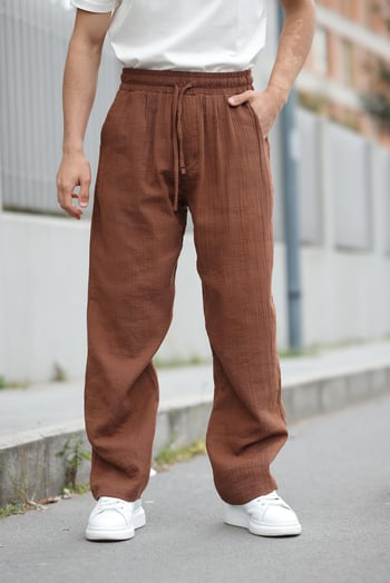 Kahverengi %100 Pamuklu Rahat Kesim Erkek Pantolon E6562