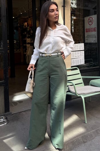 Haki Yüksek Bel Keten Wide Leg Pantolon MG2718