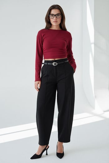Siyah Modern Kesim Kemerli Yüksek Bel Bol Paça Kumaş Pantolon MG2618
