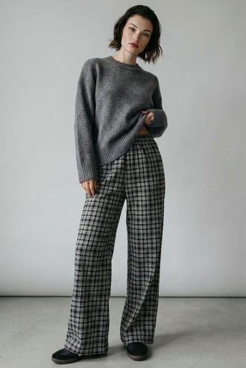 Gri Lastikli Bel Geniş Paça Ekose Pantolon MG2658