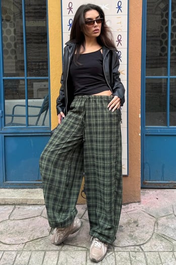 Haki Ekose Desenli Yüksek Bel Balon Fit Kadın Pantolon MG2726