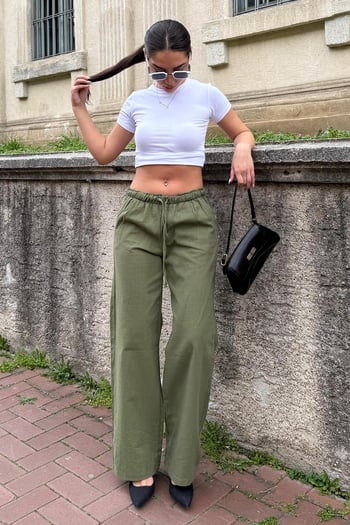 Haki Beli Büzgülü Wide Leg Kumaş Pantolon MG1950