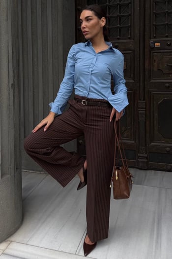 Kahverengi Çizgili Geniş Paça Normal Bel Kemerli Pantolon MG2735