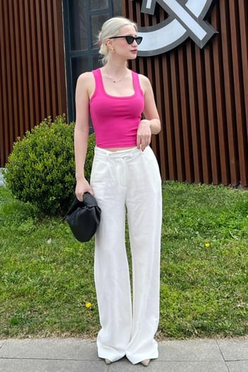 Ekru Kemerli Bol Paça Pantolon MG1992